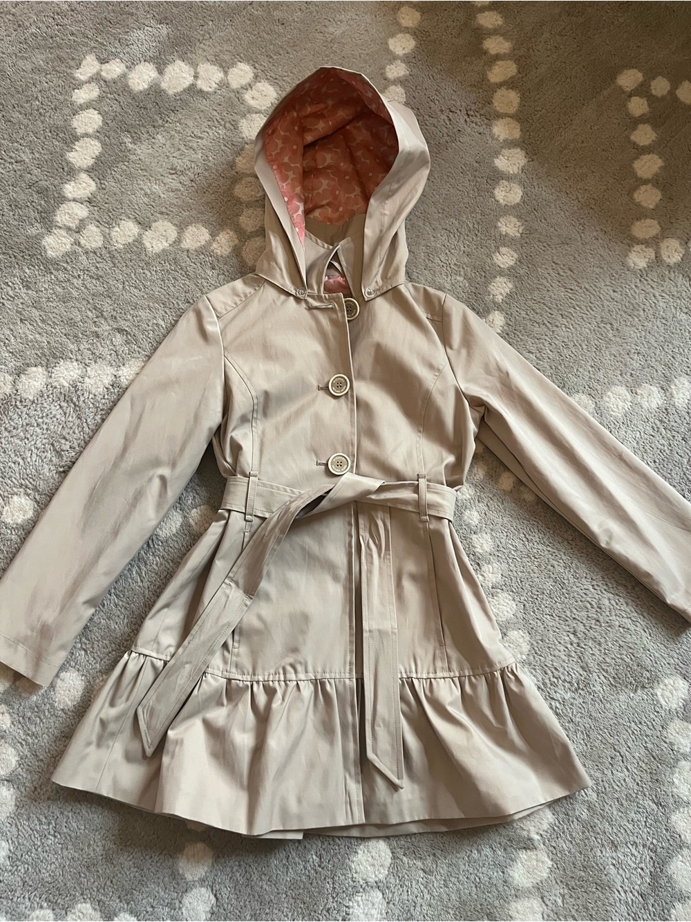 MICHAEL Michael Kors Girls Beige Hooded Trench Coat with Pink Lining